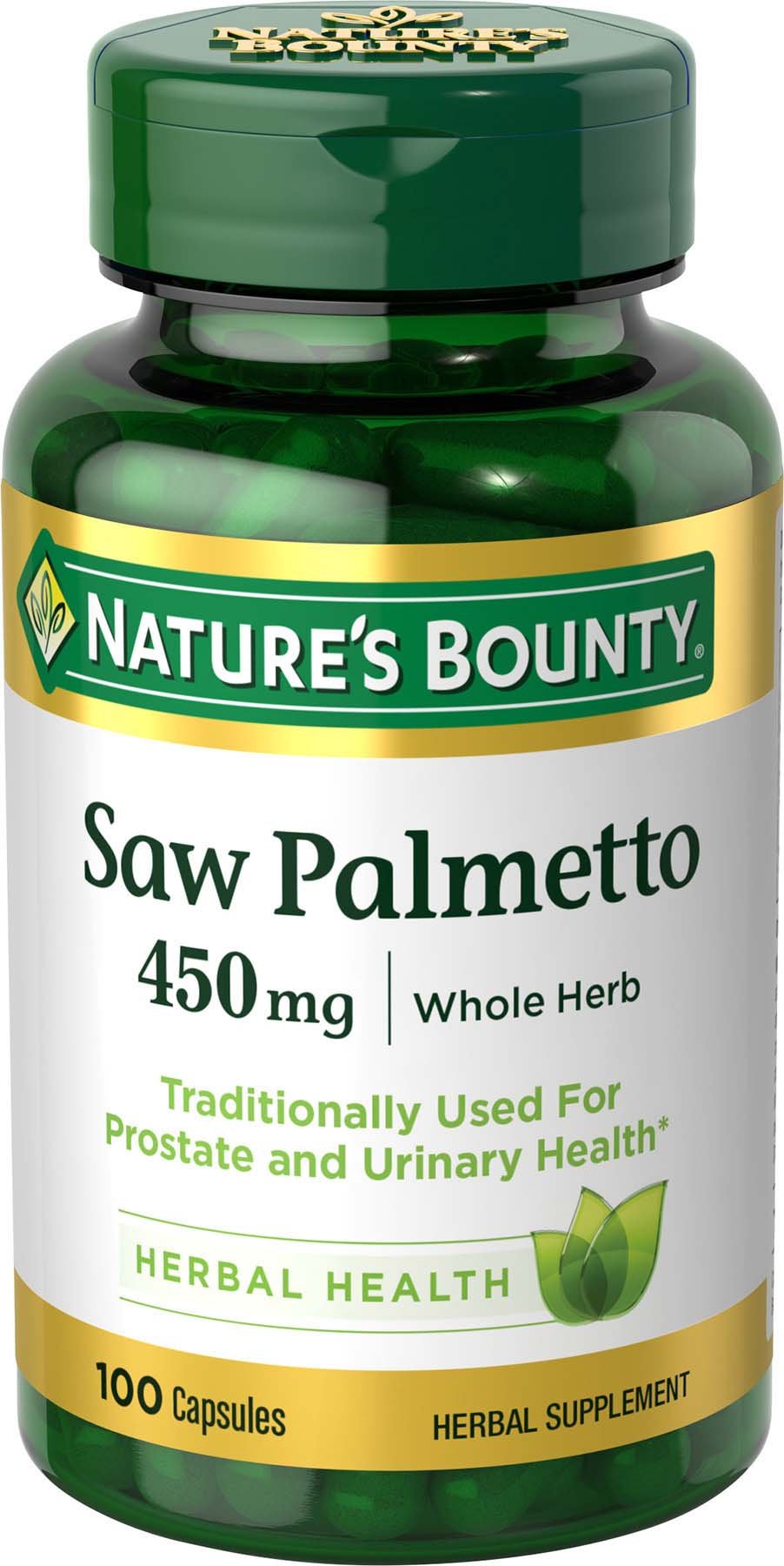 Front view of Nature's Bounty Saw Palmetto 450 mg bottle with 100 capsules