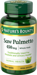 Front view of Nature's Bounty Saw Palmetto 450 mg bottle with 100 capsules