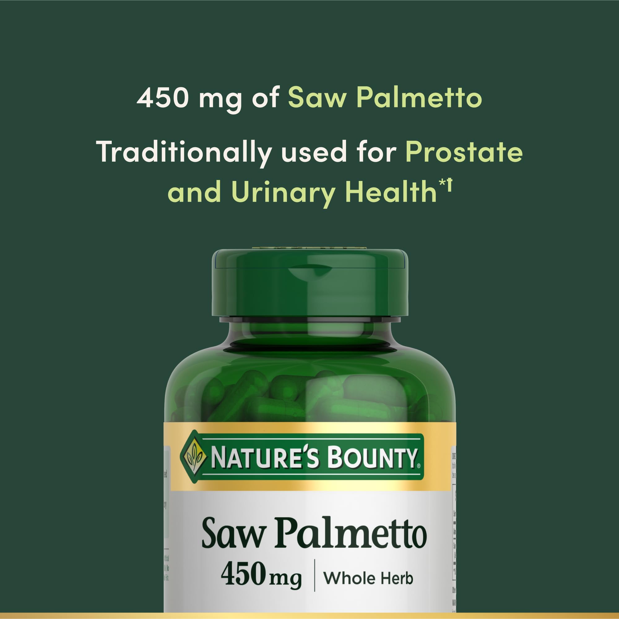 Bottle of Nature's Bounty Saw Palmetto 450 mg with 250 capsules