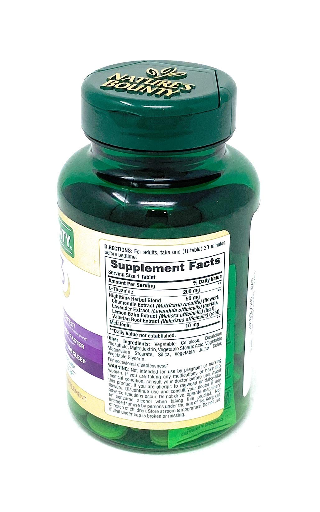 Nature's Bounty Sleep3 bottle top label highlighting time release for steady sleep.
