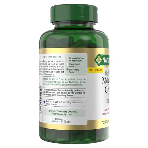 Nature’s Bounty magnesium glycinate bottle shown with a two-pill daily routine