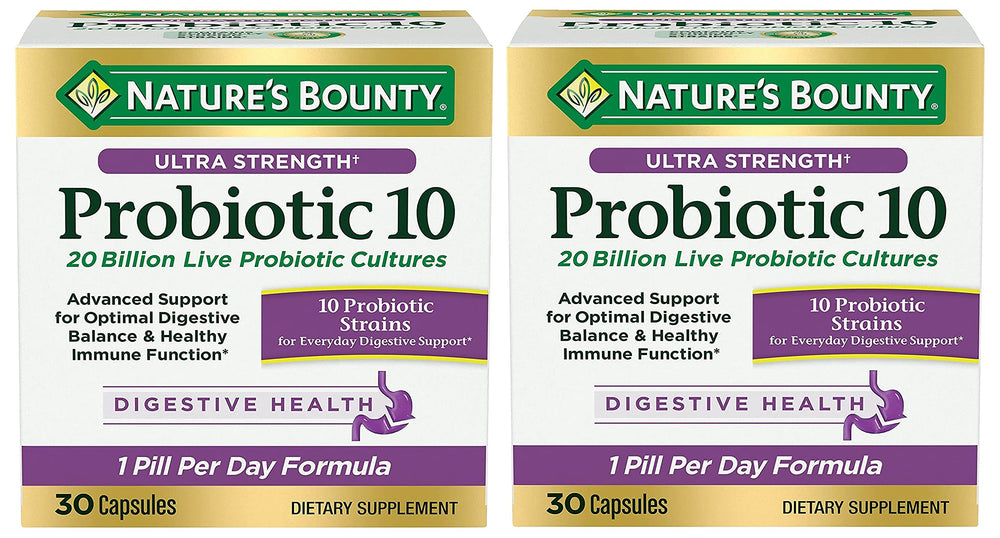 Nature's Bounty Ultra Strength Probiotic 10 bottle front view for daily gut support.