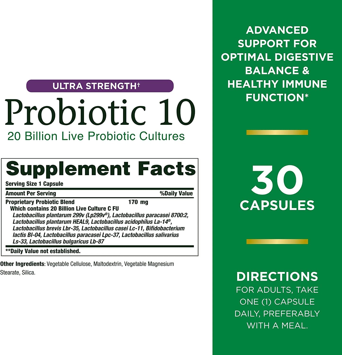 Close-up of Nature's Bounty Ultra Strength Probiotic 10 capsules illustrating 20B CFU.