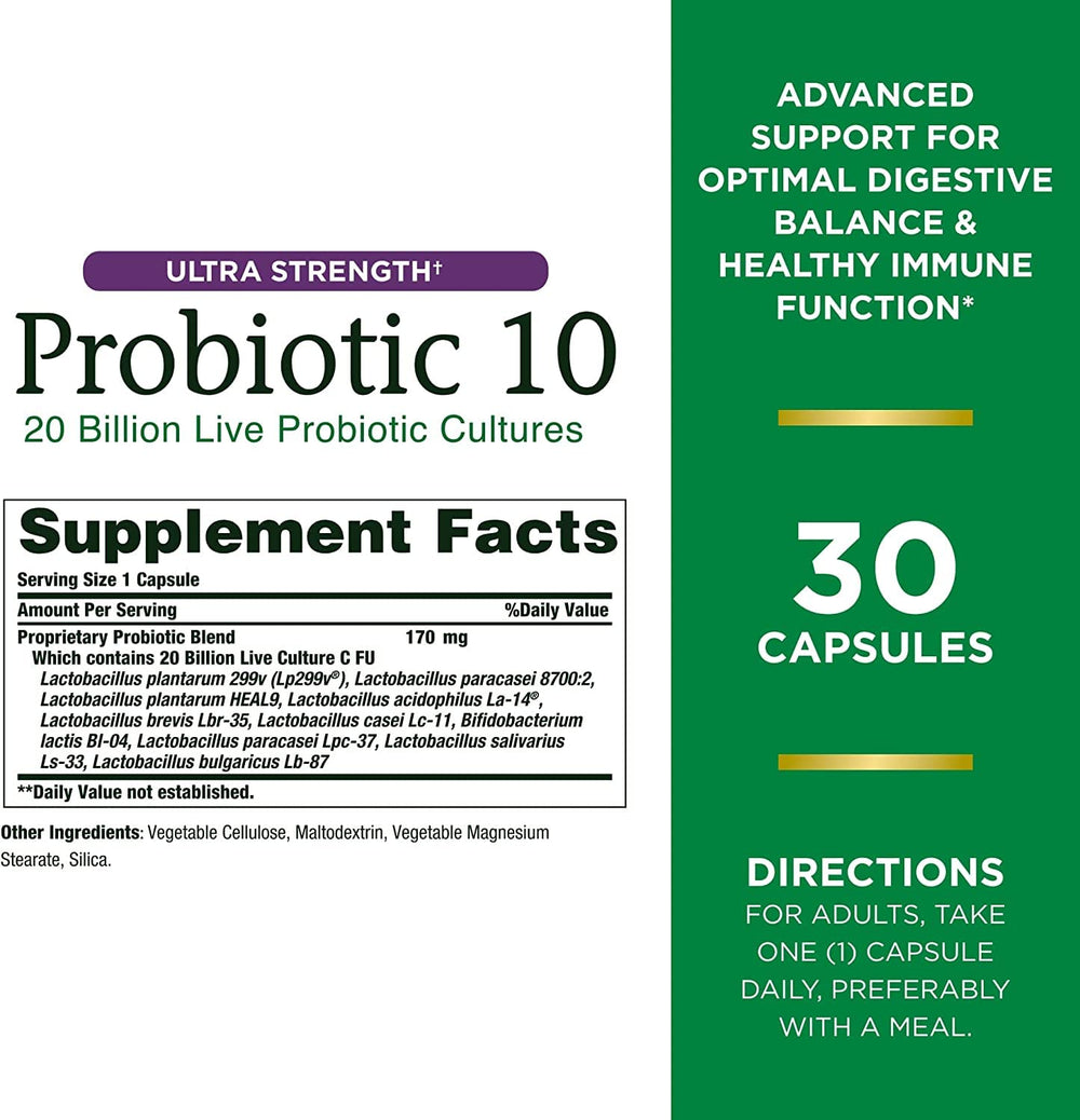 Close-up of Nature's Bounty Ultra Strength Probiotic 10 capsules illustrating 20B CFU.