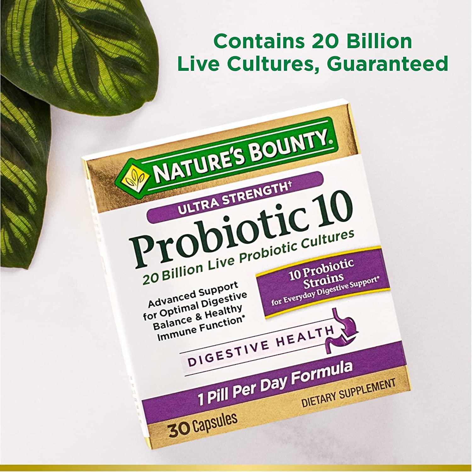 Nutrition facts label on Nature's Bounty Probiotic 10 highlights 20 billion cultures.