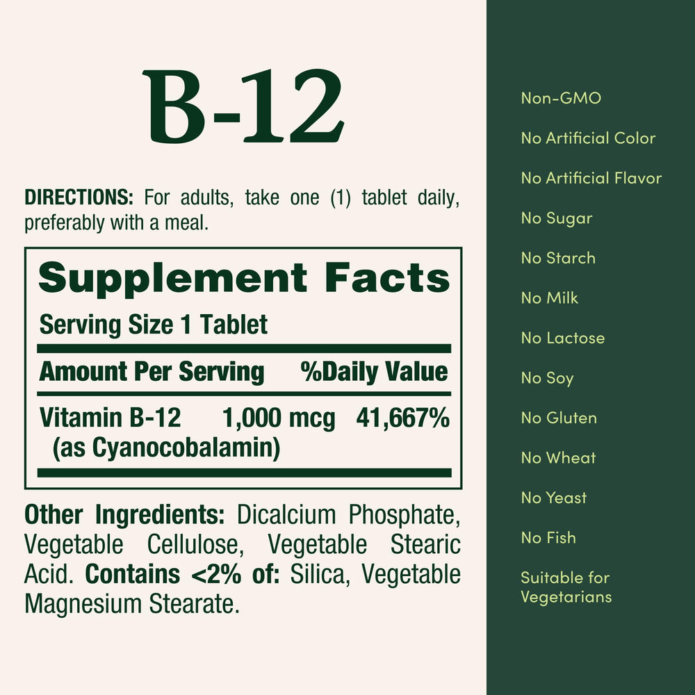 Nature's Bounty Vitamin B12 1000 mcg bottle and pills