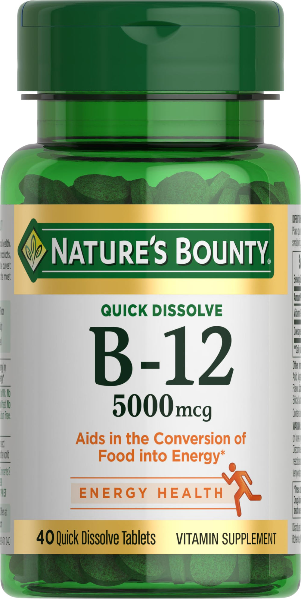 Front view of Nature's Bounty Vitamin B12 5000mcg 40 Quick-Dissolve Tablets bottle