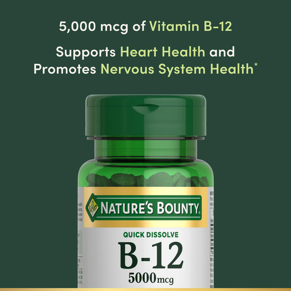 Nutrition facts panel for Nature's Bounty Vitamin B12 5000mcg 40 Quick-Dissolve Tablets
