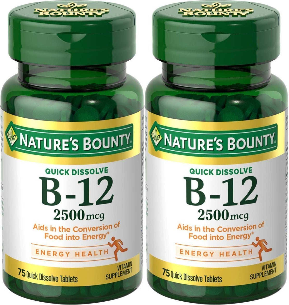 Natures Bounty Vitamin B-12 Quick Dissolve 2500 mcg, Natural Cherry Flavor, 2-pack (75 tablets per bottle)
