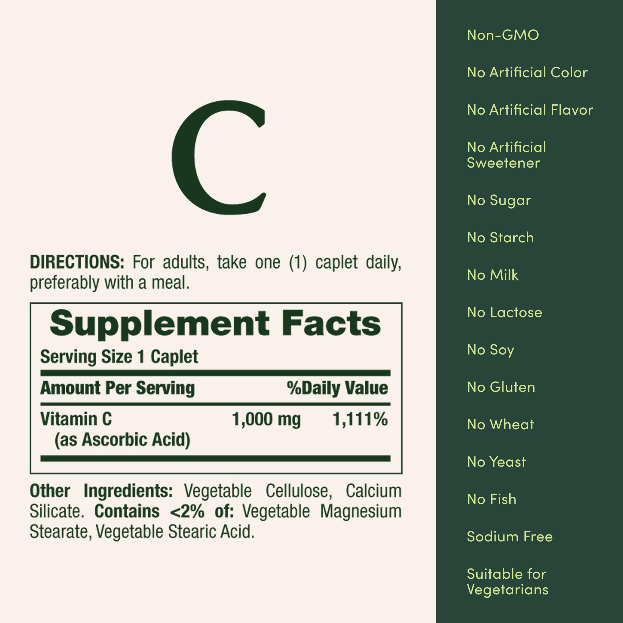Close-up of one 1000mg vitamin C caplet with dosage information