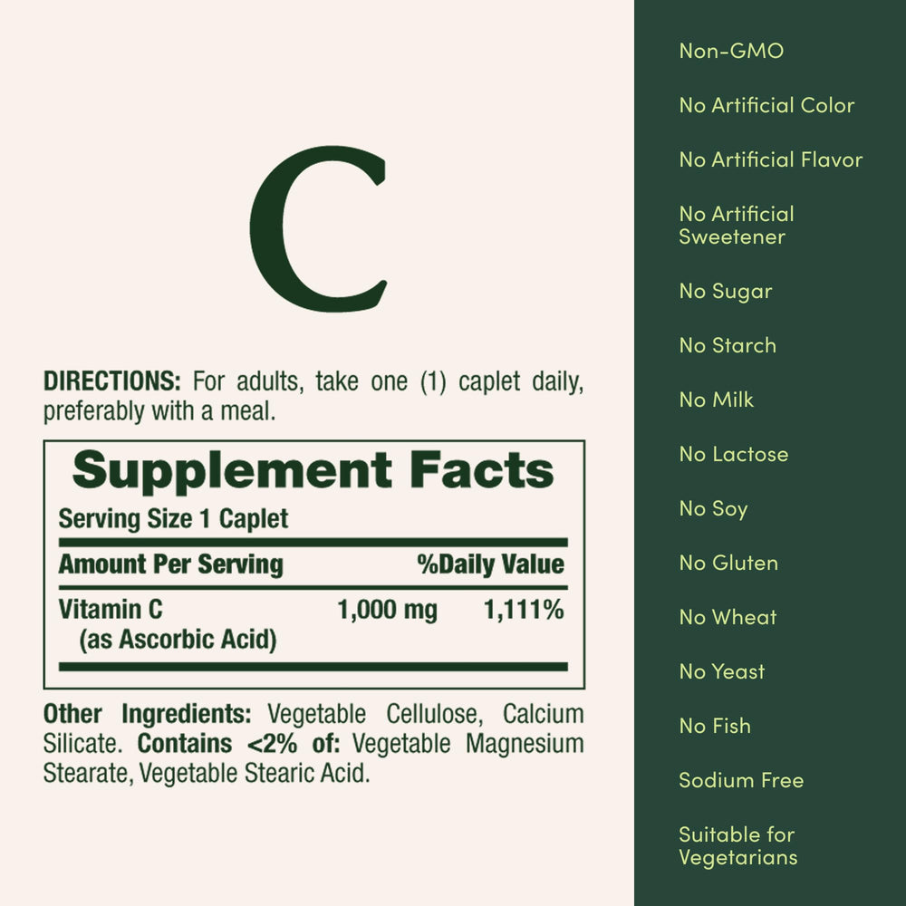 Close-up of one 1000mg vitamin C caplet with dosage information