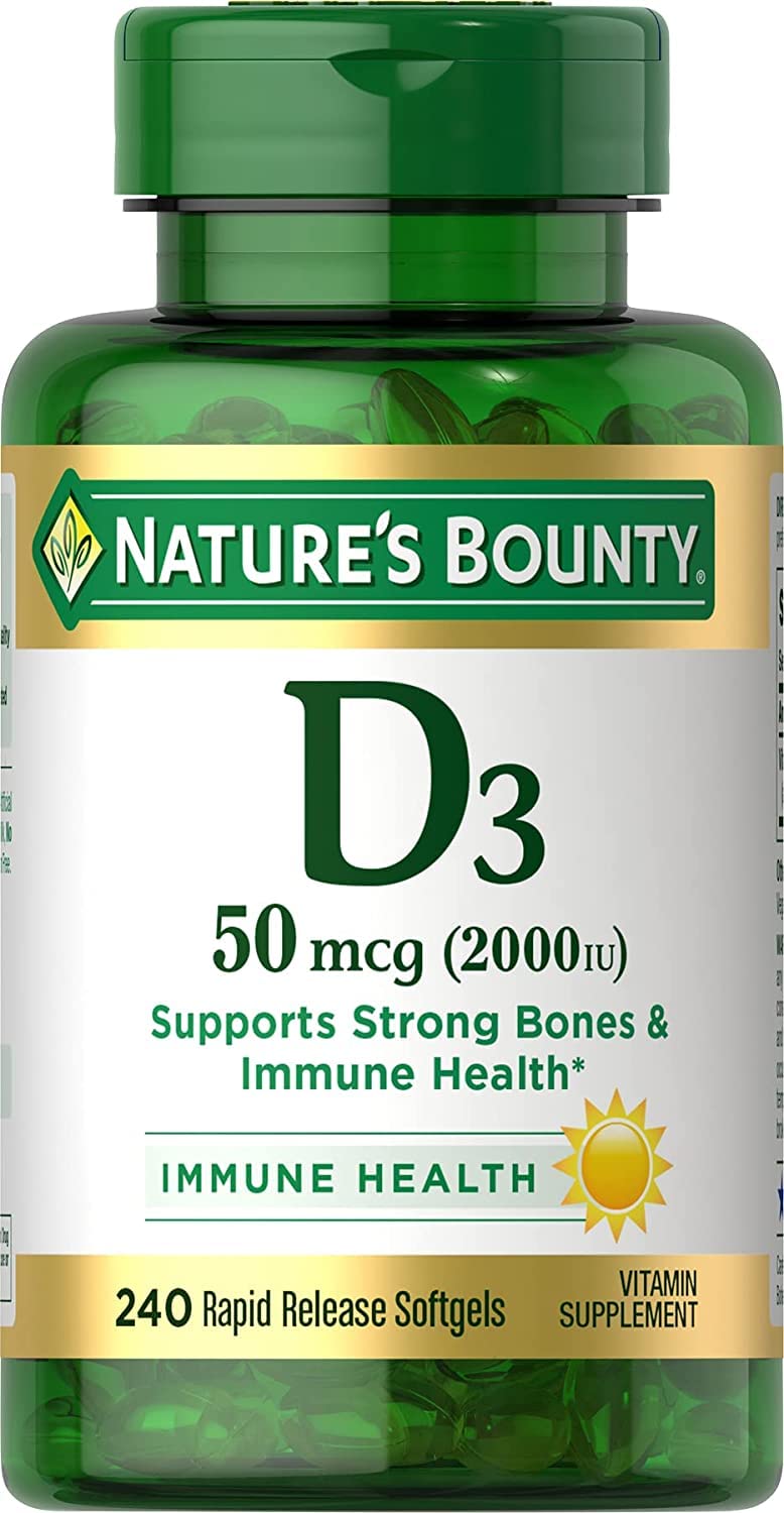 Front view of Nature's Bounty Vitamin D 2000 IU softgels bottle