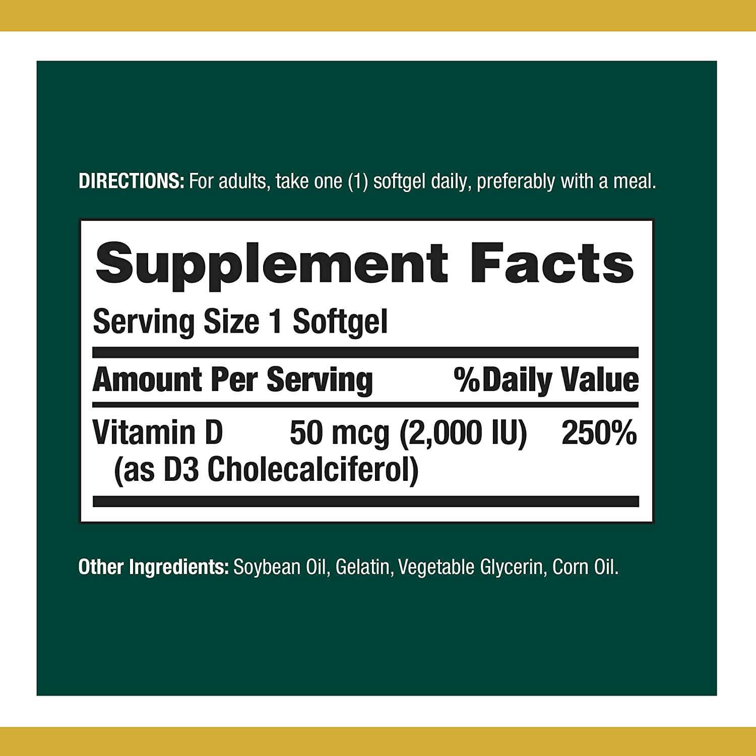 Nature's Bounty Vitamin D 2000 IU softgels label with ingredients