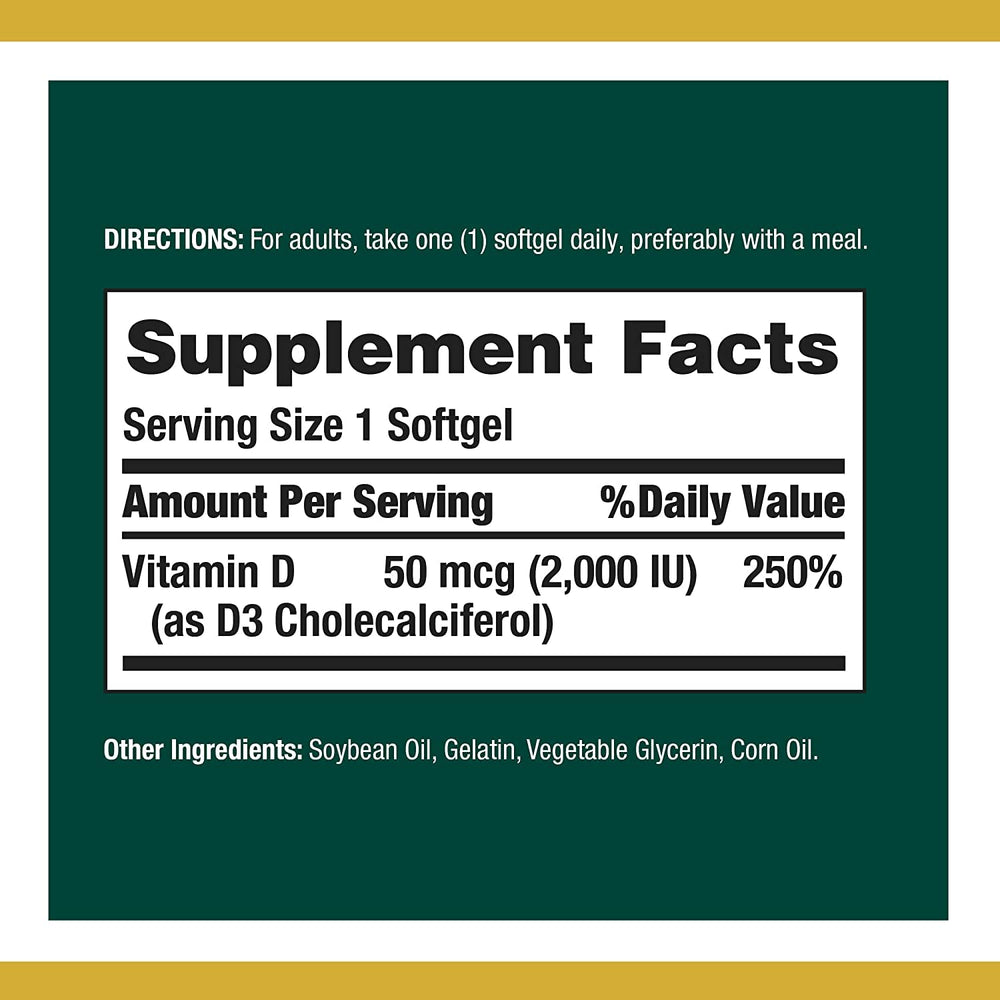Nature's Bounty Vitamin D 2000 IU softgels label with ingredients