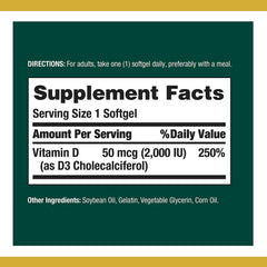 Nature's Bounty Vitamin D 2000 IU softgels label with ingredients