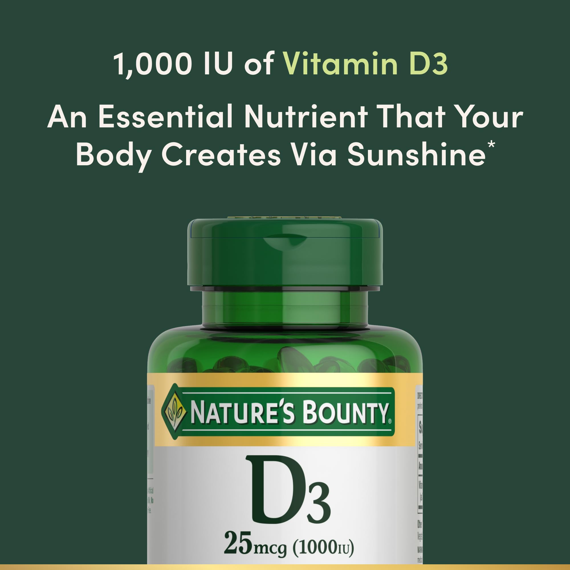Close-up view of Nature’s Bounty Vitamin D3 softgels