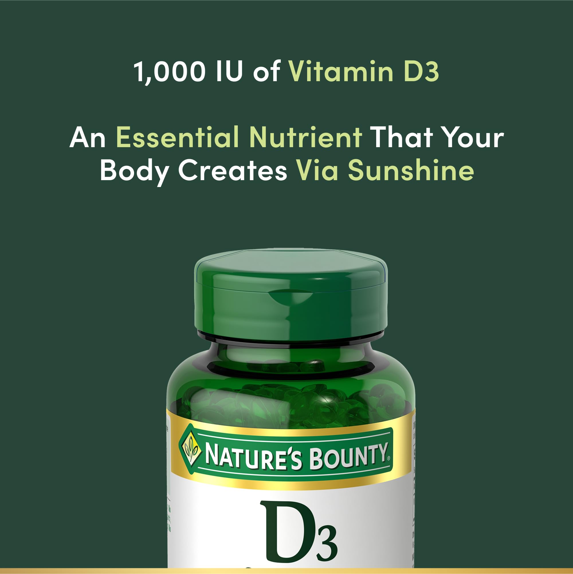 Nature's Bounty Vitamin D3 1000 IU packaging emphasizes bone health support.