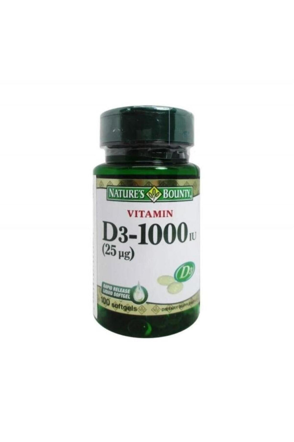 Nature's Bounty Vitamin D3 1000 soft gels bottle on countertop supporting daily sun vitamin intake