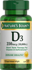Nature's Bounty Vitamin D3 10000 IU softgels bottle for immune support