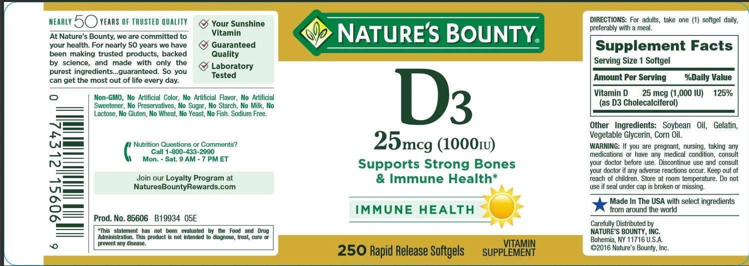Close-up of Nature's Bounty Vitamin D3 Softgels in bottle