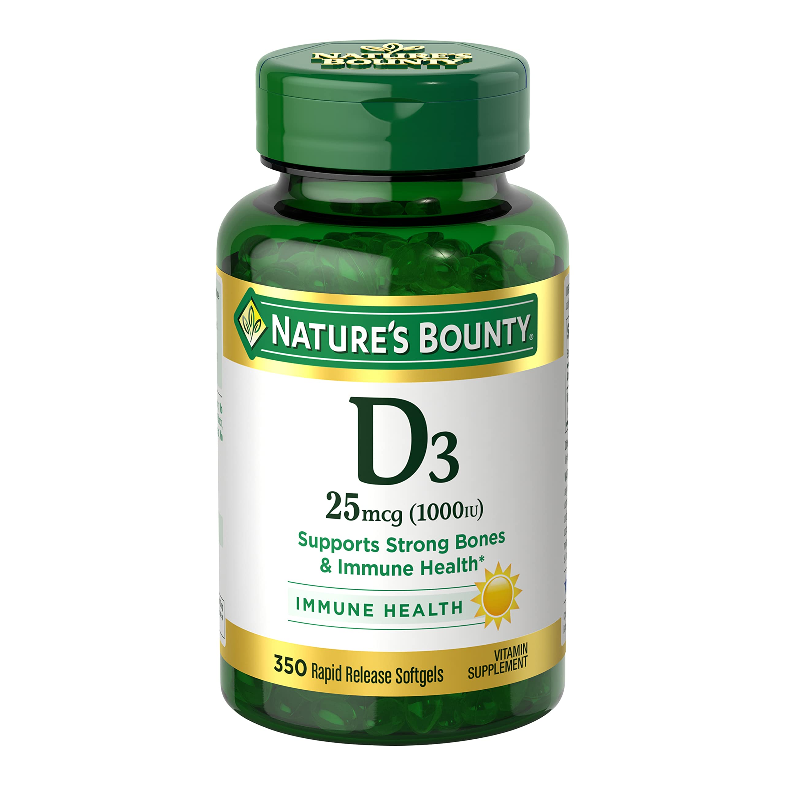 Front view of Nature's Bounty Vitamin D3 1000 IU softgels bottle