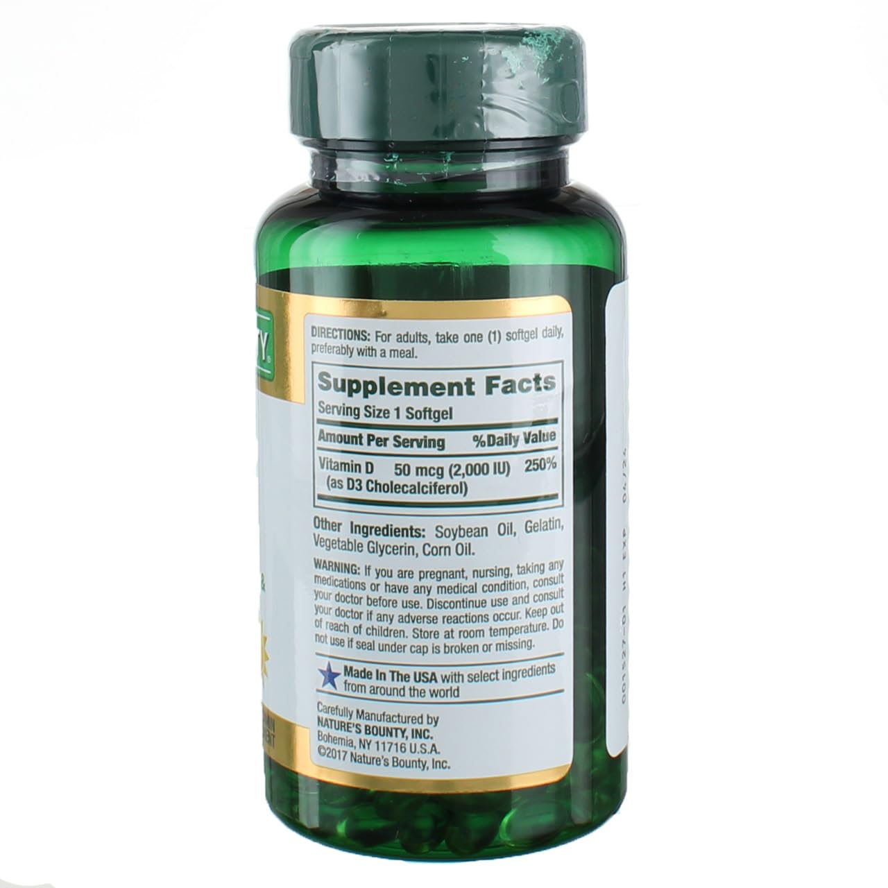 Nature's Bounty Vitamin D3 2000 IU softgels bottle back label