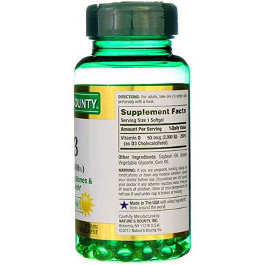 Nutrition information panel on Nature's Bounty Vitamin D3 bottle