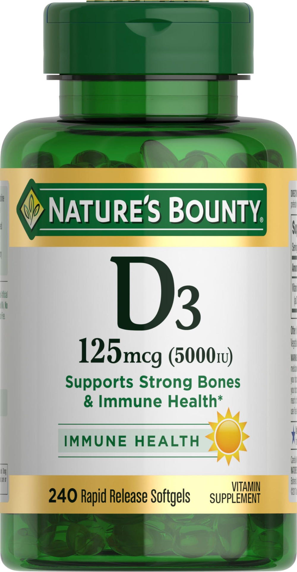 Nature's Bounty Vitamin D3 5000 IU bottle with rapid-release softgels supporting immune health.