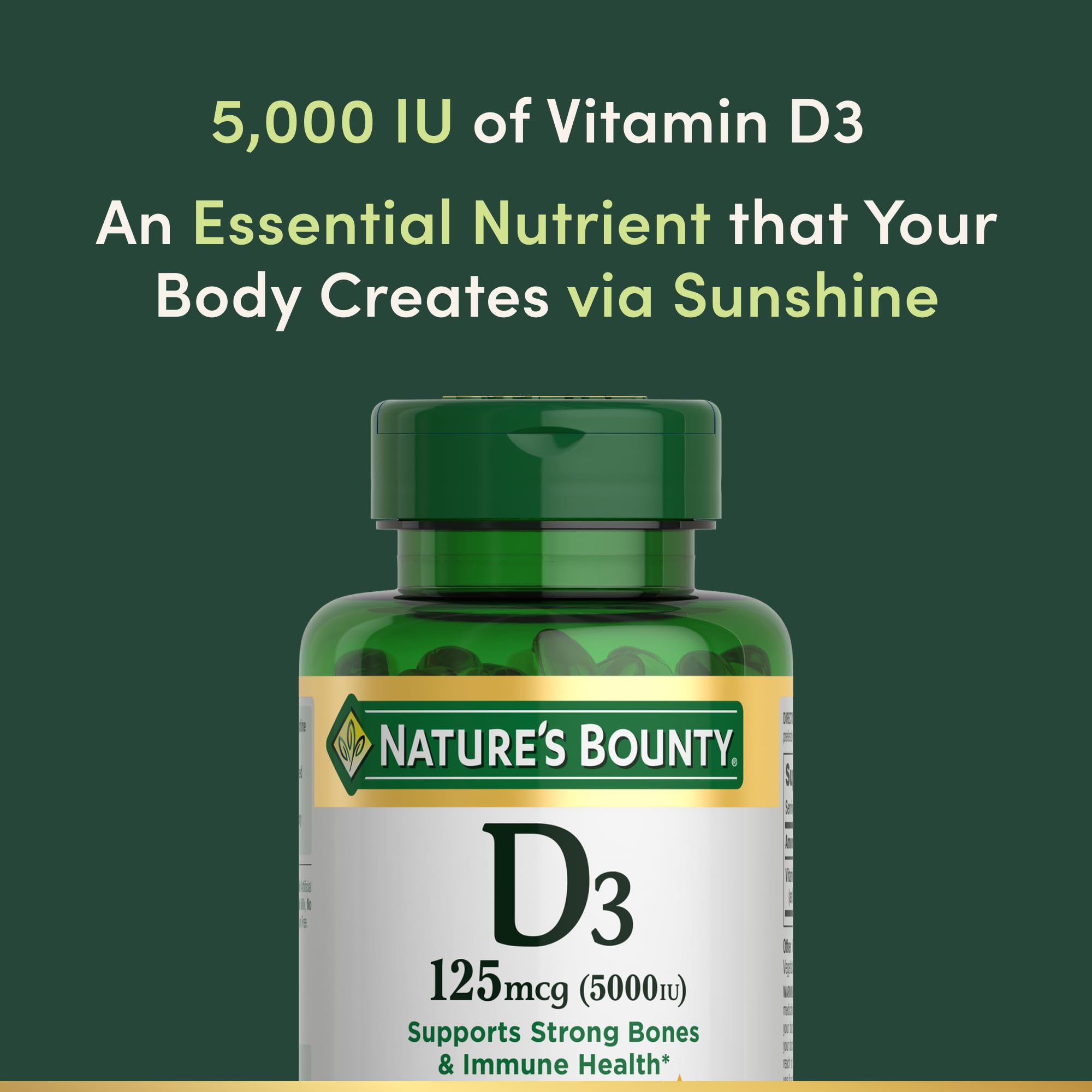 Vitamin D3 5000 IU softgels shown for bone health benefits