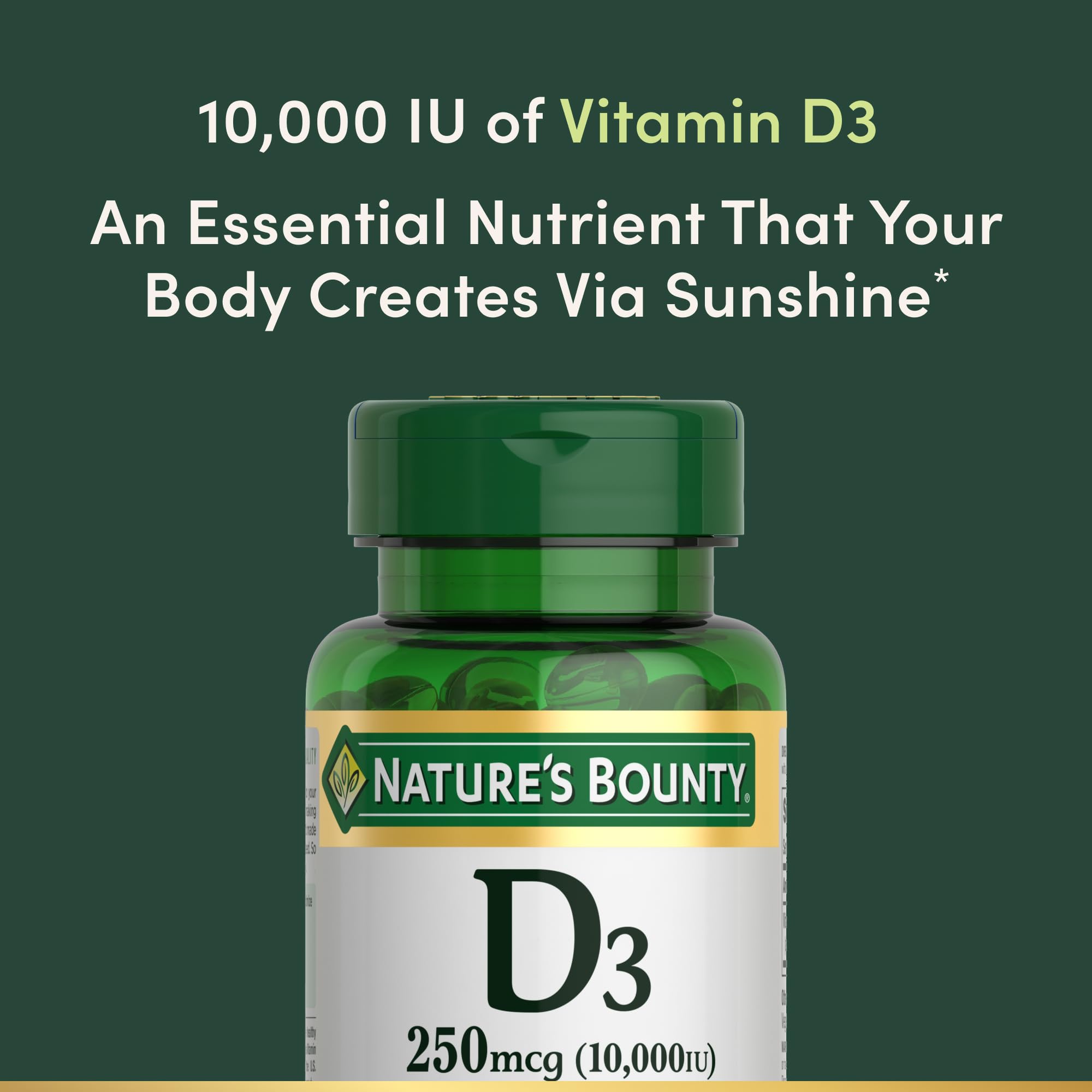 Label showing non-GMO and gluten-free Vitamin D3 softgels
