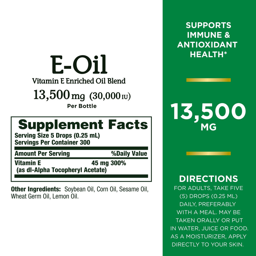 Nature’s Bounty Vitamin E Oil 2.5 oz bottle – back label with ingredients
