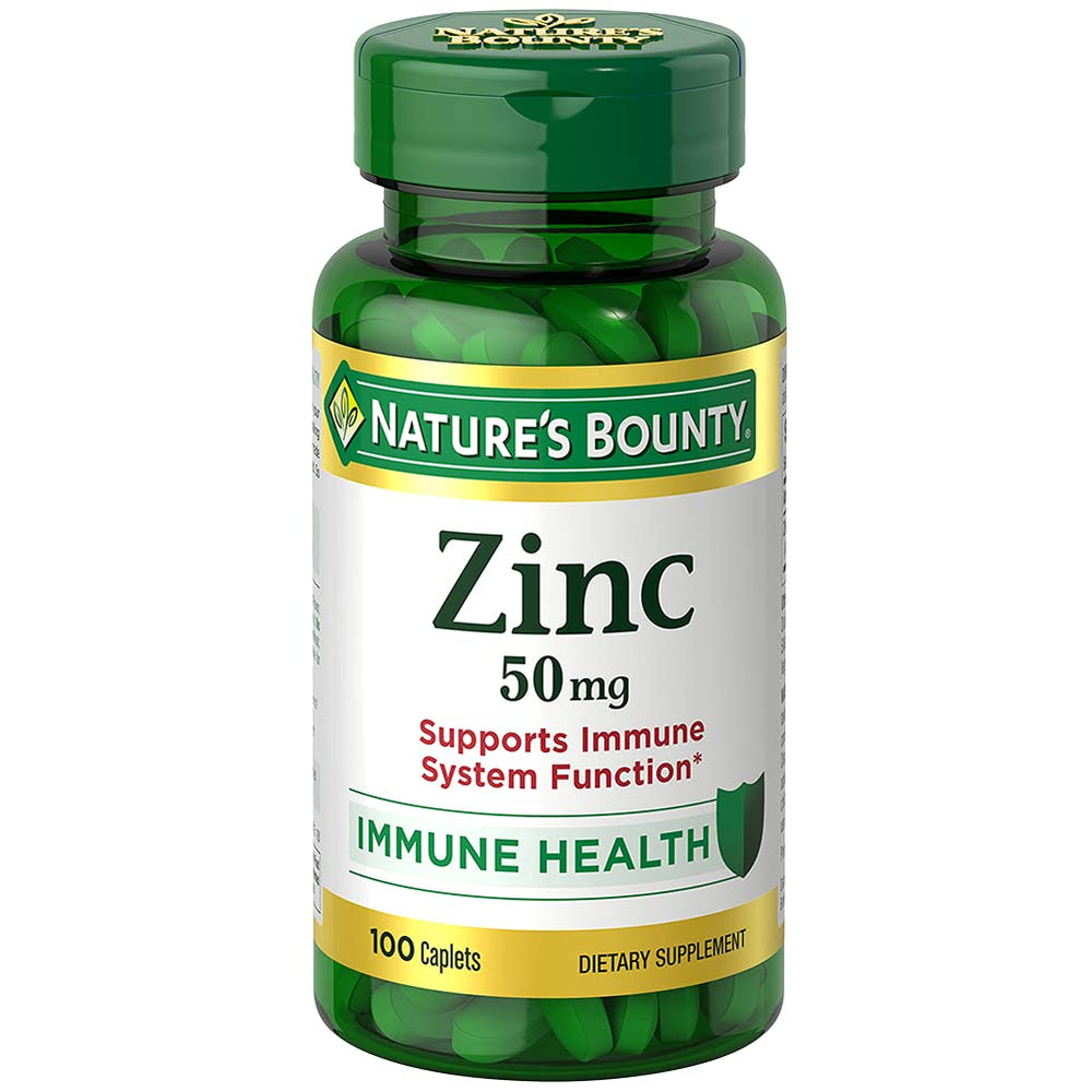 Nature's Bounty Zinc 50 mg caplets unflavored bottle front view