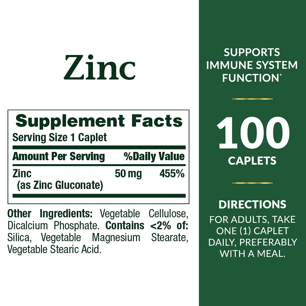 Label close-up for Nature's Bounty Zinc 50 mg caplets unflavored