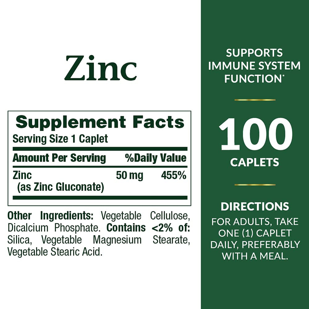 Label close-up for Nature's Bounty Zinc 50 mg caplets unflavored