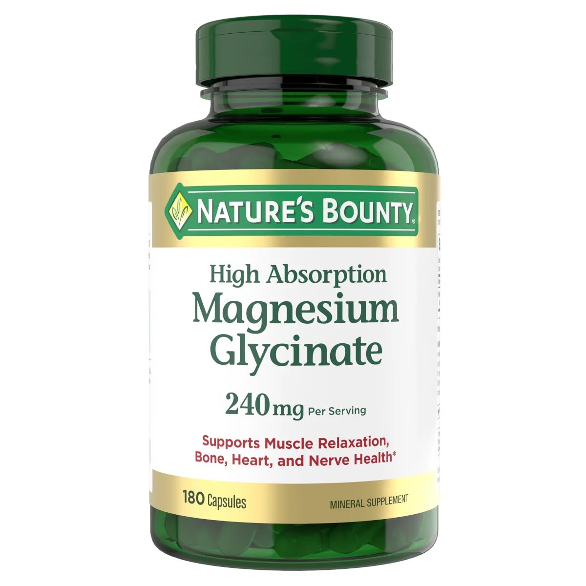 Natures Bountys Magnesium Glycinate bottle front view - 180 capsules