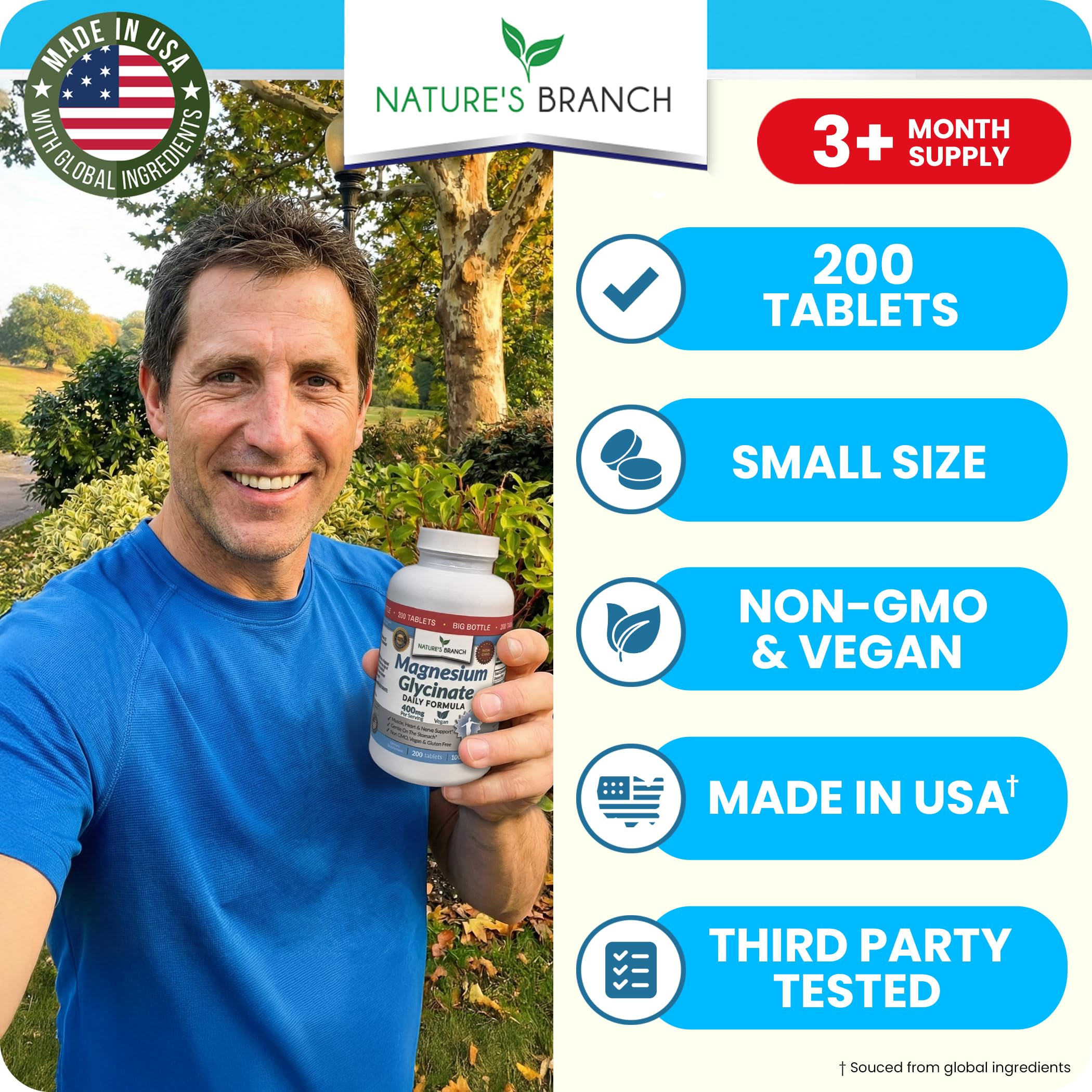 Nature's Branch Magnesium Glycinate 400mg bottle ingredients highlights vegan, non-GMO formula.