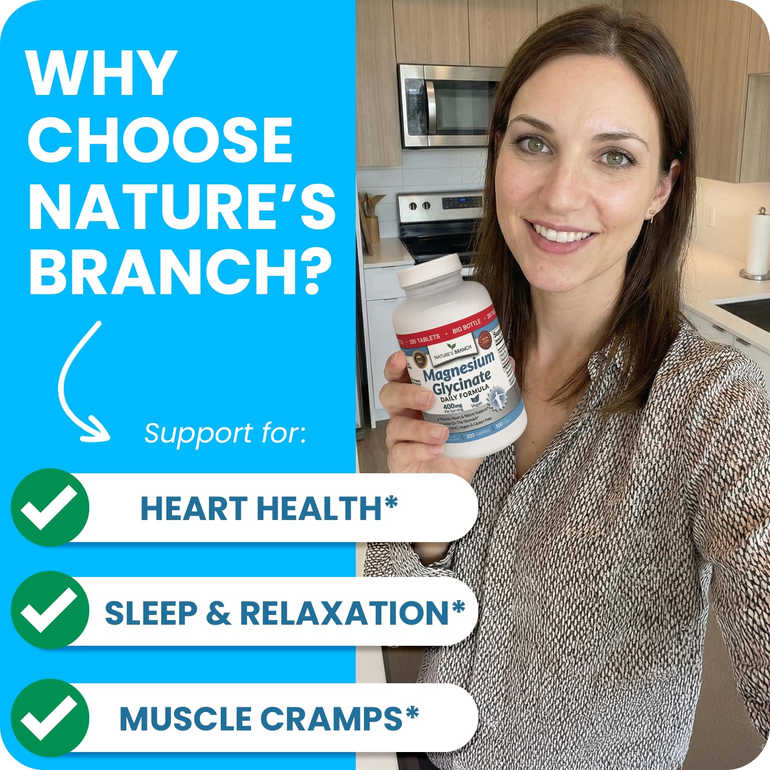 Nature's Branch Magnesium Glycinate 400mg packaging shows value and 3+ month supply.