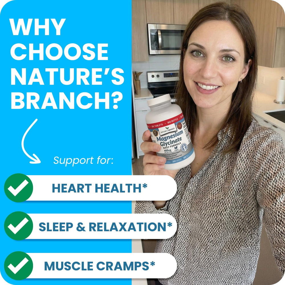Nature's Branch Magnesium Glycinate 400mg packaging shows value and 3+ month supply.