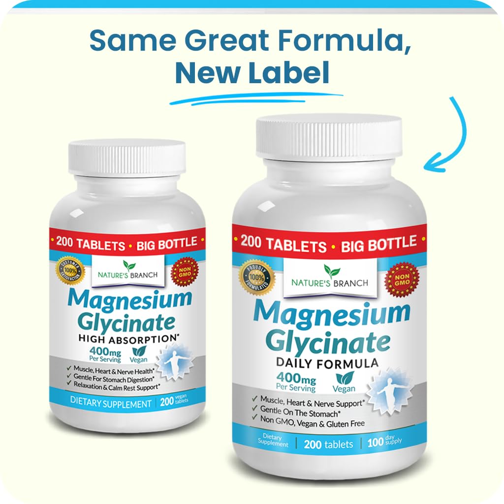 Nature's Branch Magnesium Glycinate 400mg tablets close-up shows compact, easy-to-swallow size.