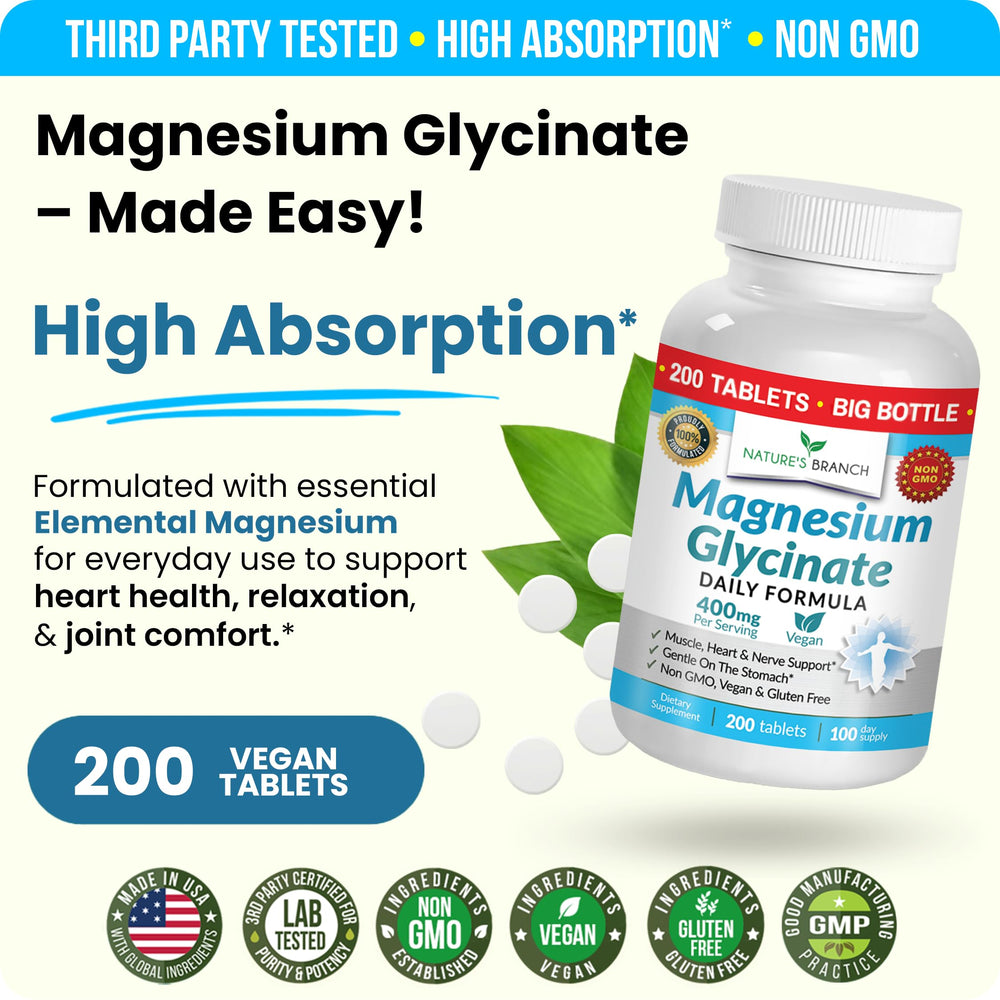 Nature's Branch Magnesium Glycinate 400mg third-party seal signals quality.