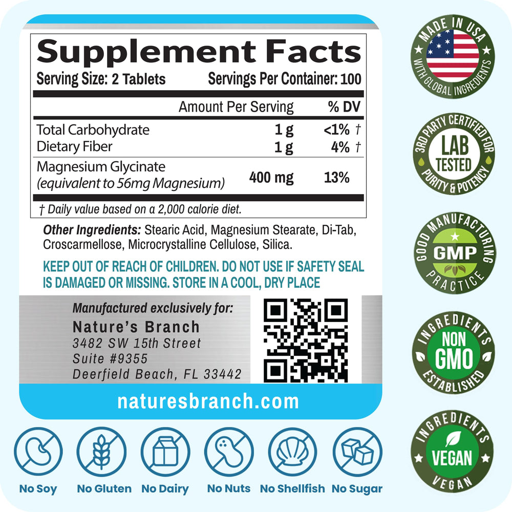 Nature's Branch Magnesium Glycinate 400mg USA-made badge indicates domestic manufacturing.