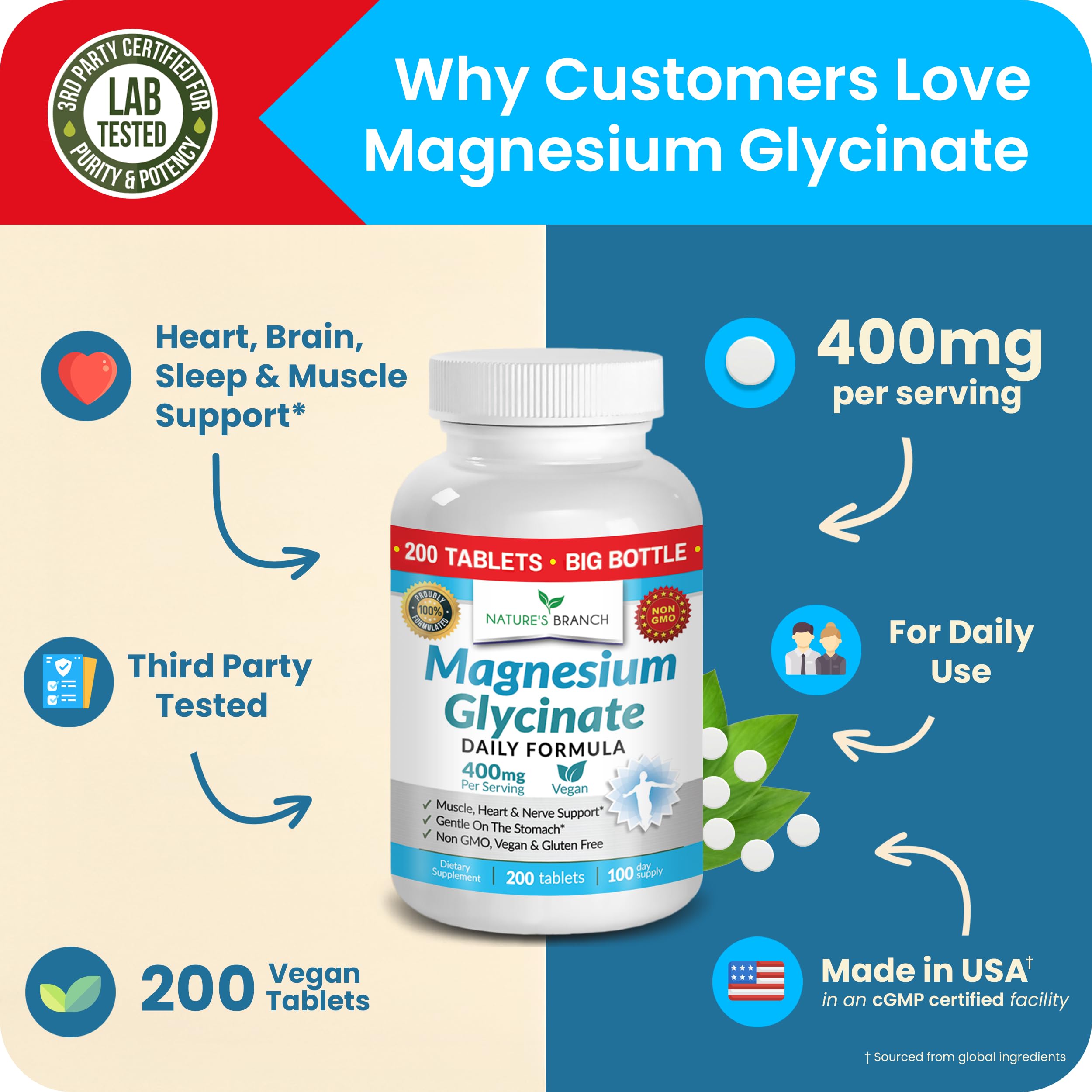 Nature's Branch Magnesium Glycinate 400mg vegan label confirms plant-based supplement.
