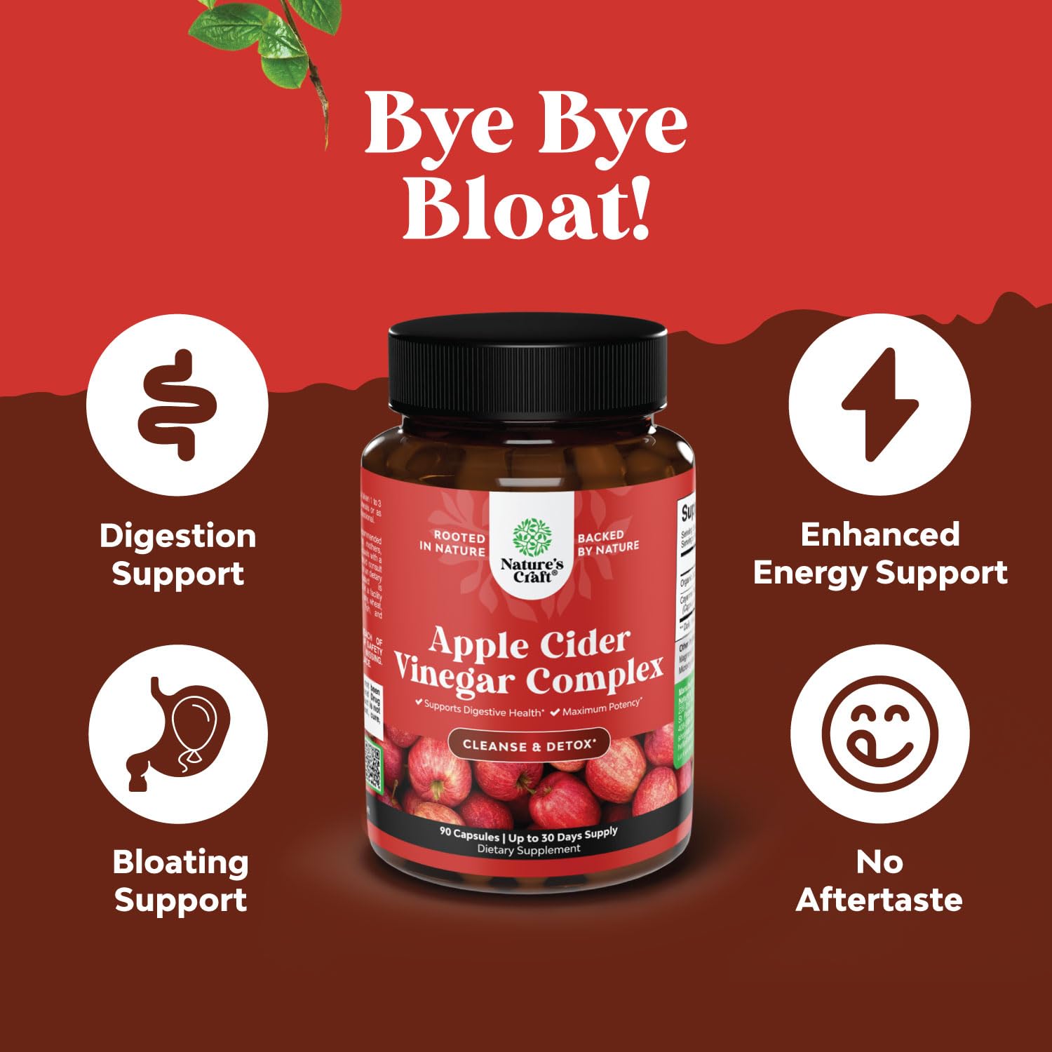 Natures Craft ACV capsules on a counter with healthy meal for daily wellness.