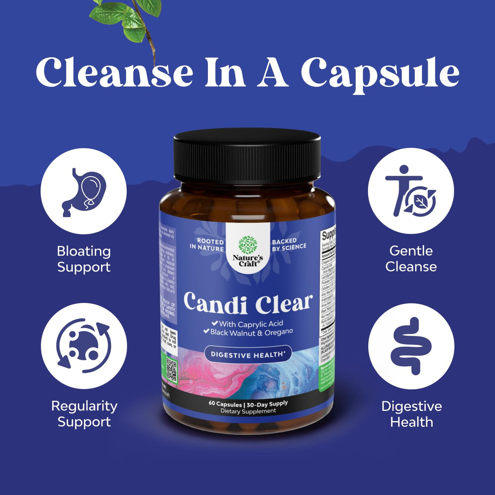 Natures Craft Candi-Clear herbal blend image featuring Aloe vera, oregano, and black walnut for gut balance.