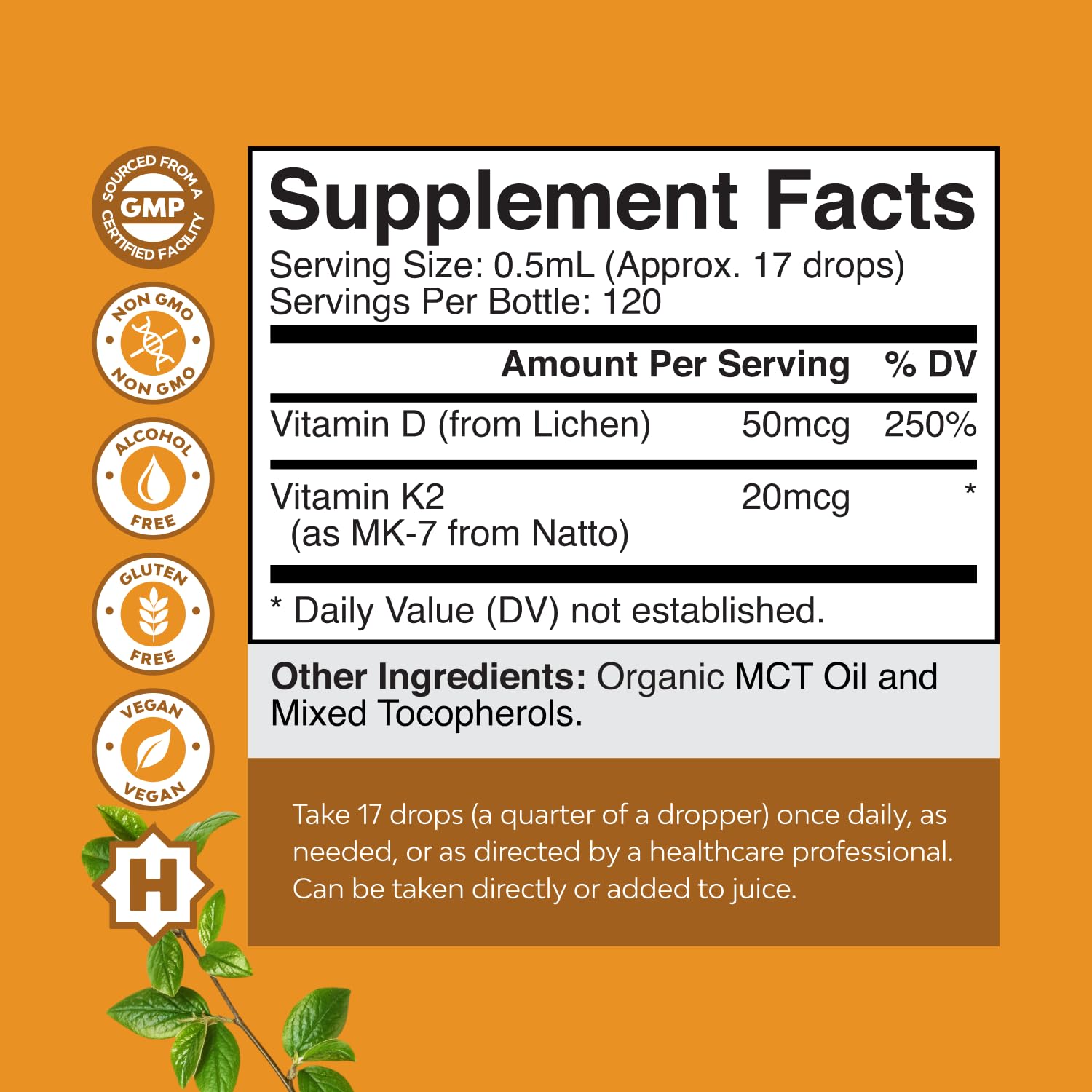 Label showing vegan organic Vitamin D3 with K2 MK-7 2000IU