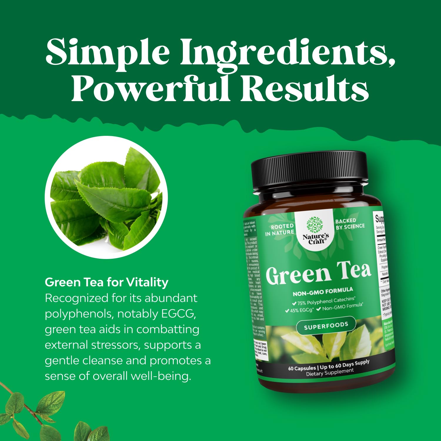 Natures Craft Green Tea Extract Capsules bottle-back lists ingredients and quality assurances