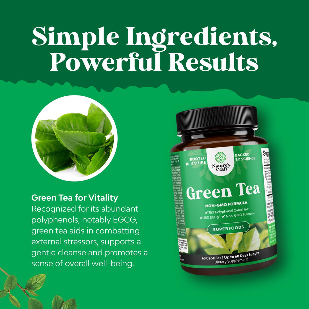 Natures Craft Green Tea Extract Capsules bottle-back lists ingredients and quality assurances