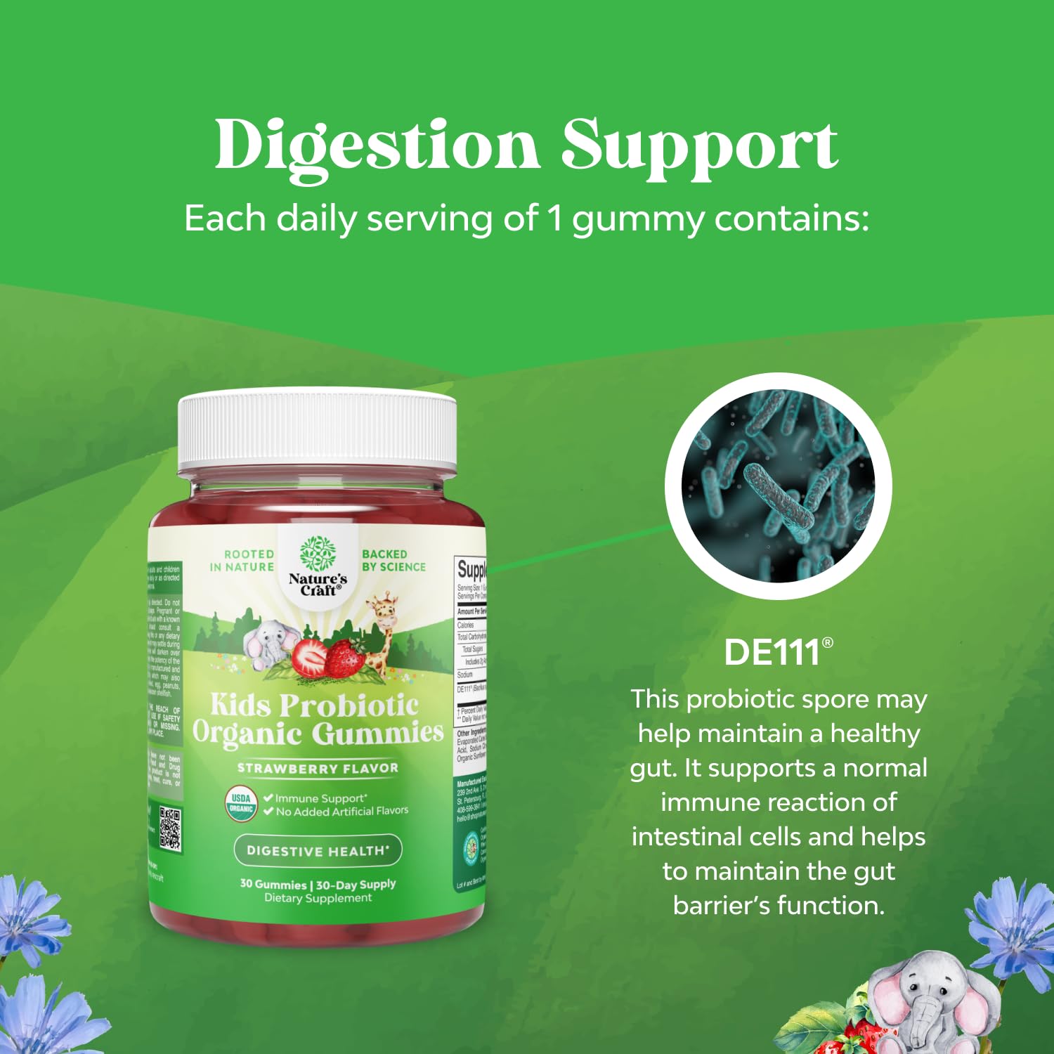 Natures Craft Immune Booster Kids Probiotic Gummies closeup shows chewy texture for kids.