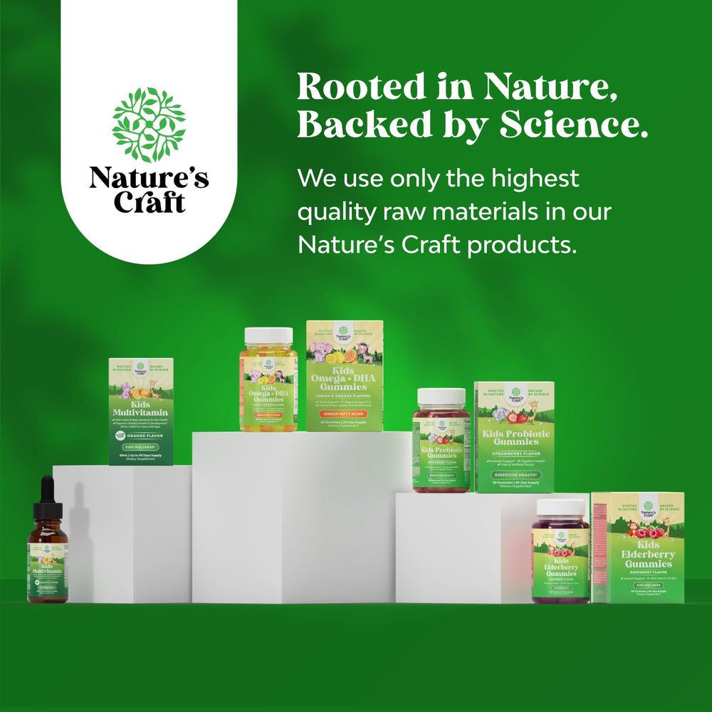 Natures Craft Immune Booster Kids Probiotic Gummies gut health illustration highlights digestive support.