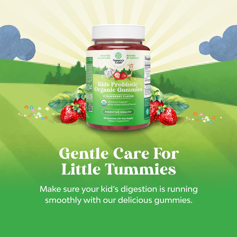 Natures Craft Immune Booster Kids Probiotic Gummies on spoon for daily gut balance.